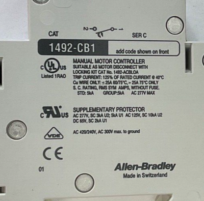ALLEN BRADLEY 1492-CB1 G030 CIRCUIT BREAKER  3A SER.C 1/3HP 277VAC 1PH**LOTOF4**