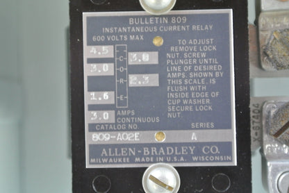 ALLEN-BRADLEY 809-B02E - INSTANTANEOUS TRIP CURRENT RELAY 3A, 600V - NEW SURPLUS