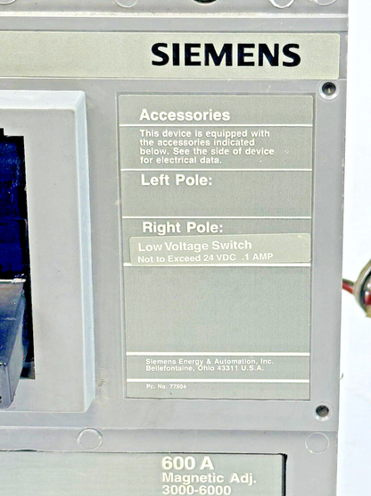 SIEMENS - LXD62B600A - BREAKER W/ A01JLDLV LOW VOLT AUX SWTCH 2 POLE/600A/600VAC