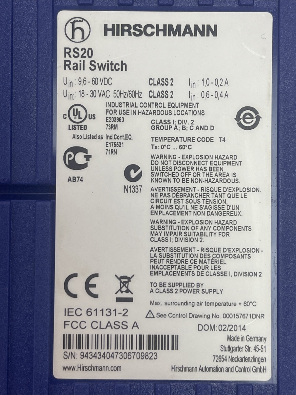 HIRSCHMANN RS20-1600T1T1SDAUHH RAIL SWITCH 60VDC/30VAC 50/60HZ RS20