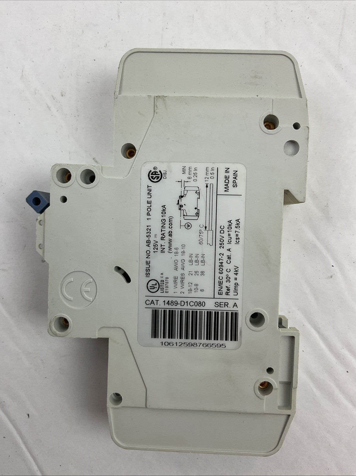 ALLEN-BRADLEY 1489-D1C080 SER A CIRCUIT BREAKER 125VDC 8AMP