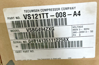 TECUMSEH VS121TT-008-A4 COMPRESSOR 460V 60HZ 2A524-1 R404A 3PH LRA29.5 VSBG49ZXG