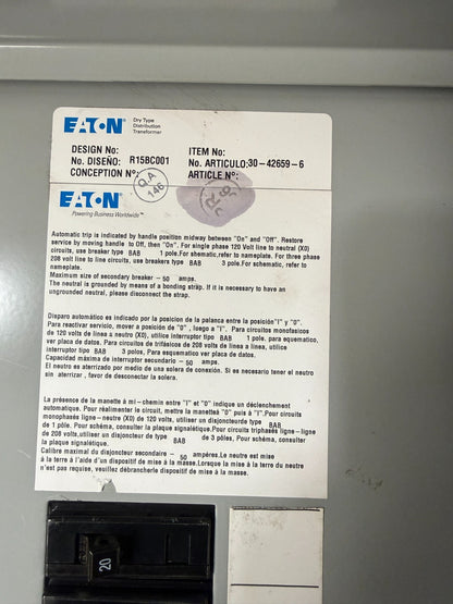 MINI POWER CENTER P48G28T1518CUB PRI VOLTS 480 DELTA SEC VOLTS 208Y/120 15KVA