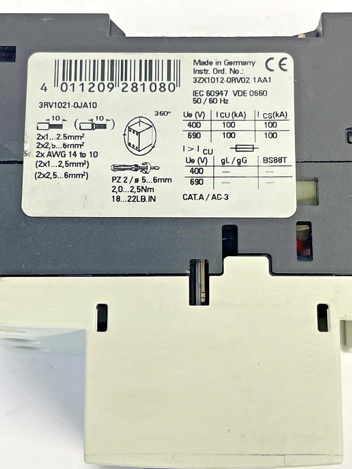 SIEMENS - 3RV1021-OJA10- CIRCUIT BREAKER / MOTOR PROTECTOR