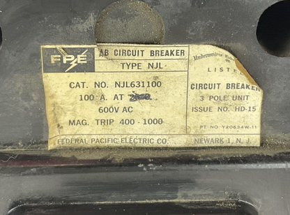 FEDERAL PACIFIC NJL631100 CIRCUIT BREAKER 600VAC MAG. TRIP 400-1000 3POLE 100A