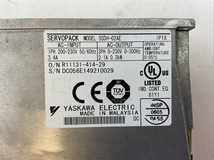 YASKAWA SGDH-02AE SERVOPACK OUTPUT 3PH 0-230VAC 2.1A 0.2kW JUSP-NS100