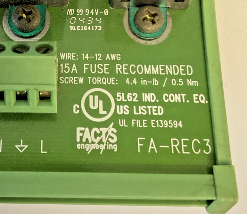 FACTS ENGINEERING FA-REC3 3 PLUG 3 RECEPTABLE 94V-0 14-12AWG 125VAC 15A