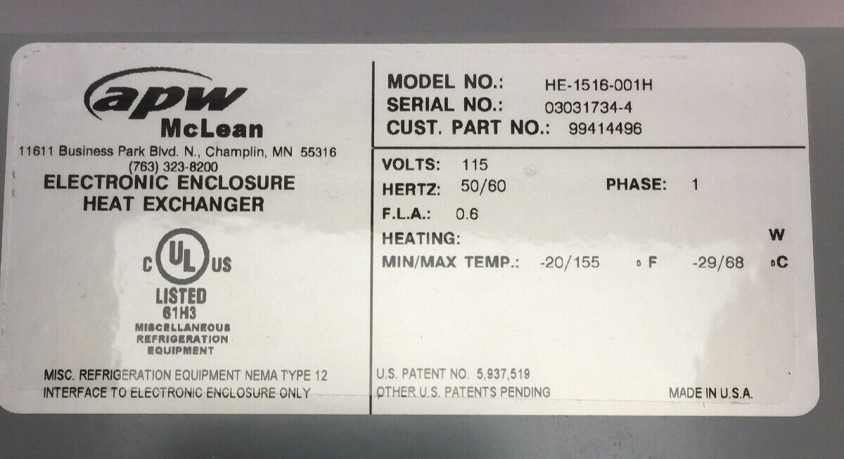 APW MCLEAN HE-1516-001H ELECTRONIC ENCLOSURE HEAT EXCHANGER 115V 50/60HZ 1 PHASE