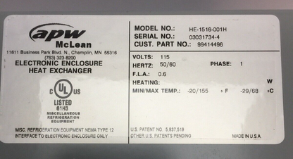 APW MCLEAN HE-1516-001H ELECTRONIC ENCLOSURE HEAT EXCHANGER 115V 50/60HZ 1 PHASE