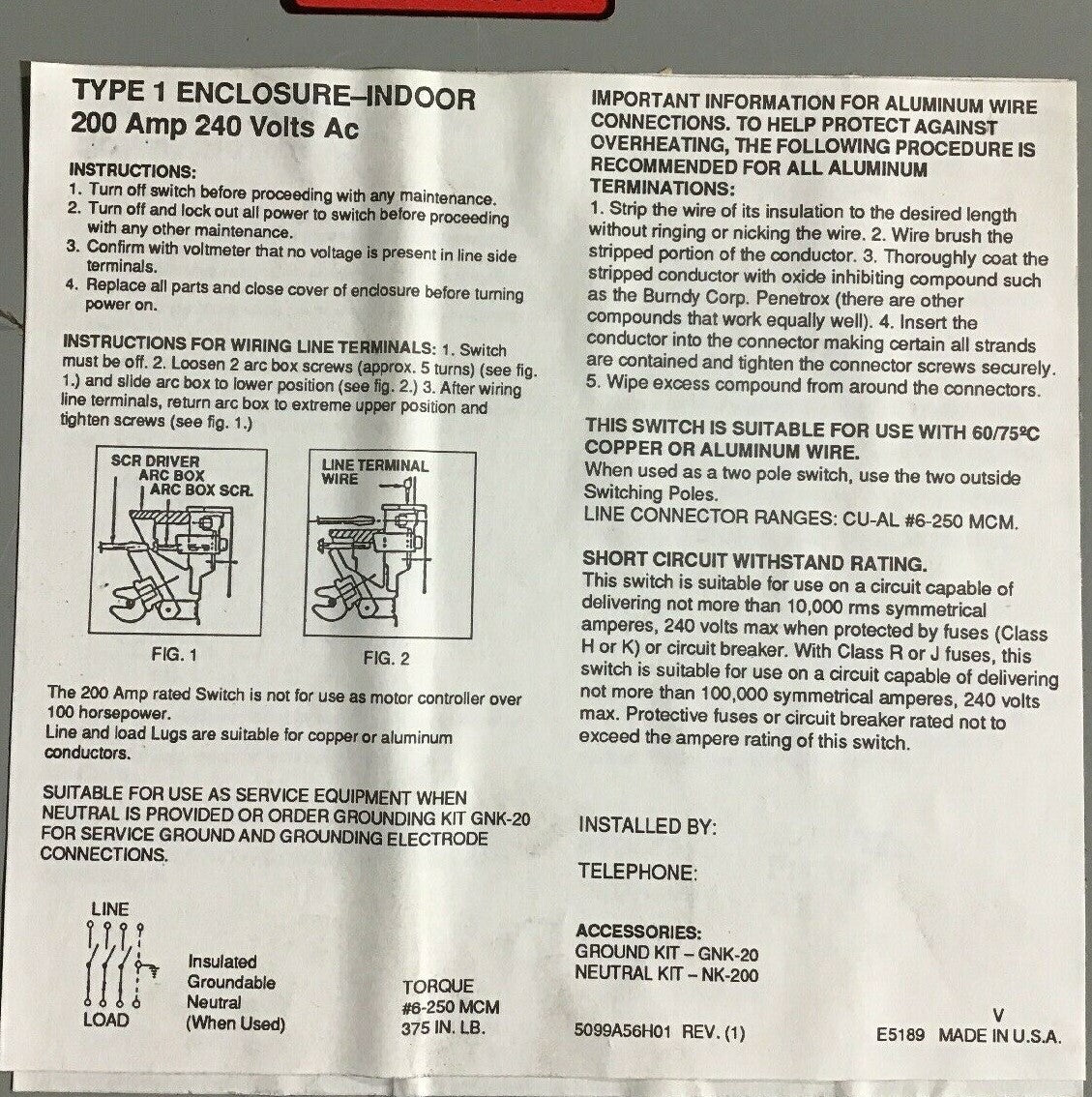 CHALLENGER HD324NFC 200AMP 240VAC DUTY SAFETY SWITCH