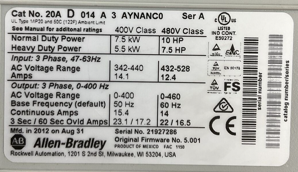 ALLEN BRADLEY 20AD014A3AYNANC0 AC DRIVE SER A FIRMWARE 5.001 20-HIM-A3 FW V6.001