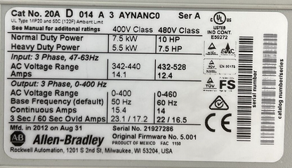 ALLEN BRADLEY 20AD014A3AYNANC0 AC DRIVE SER A FIRMWARE 5.001 20-HIM-A3 FW V6.001
