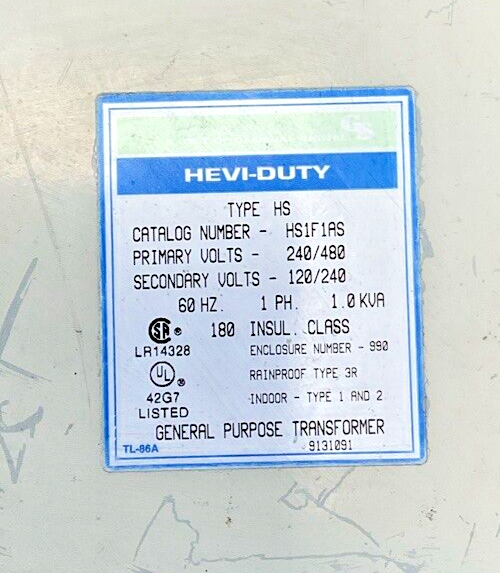HEVI-DUTY HS1F1AS TRANSFORMER 240/480V 60HZ 1PH 1.0KVA