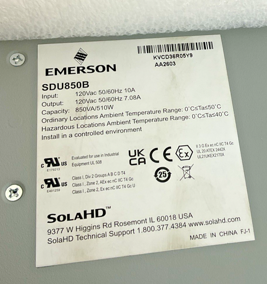 EMERSON SDU-850B INDUSTRIAL AC UPS SOLA HD 850VA 510W 120V 50/60HZ