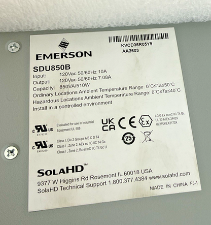 EMERSON SDU-850B INDUSTRIAL AC UPS SOLA HD 850VA 510W 120V 50/60HZ