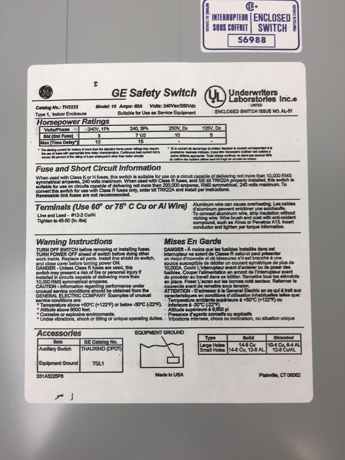 GE TH3222 HEAVY DUTY FUSIBLE SAFETY SWITCH 60AMPS 240VAC 250VDC 15HP 2P MODEL 10