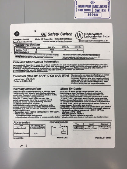 GE TH3222 HEAVY DUTY FUSIBLE SAFETY SWITCH 60AMPS 240VAC 250VDC 15HP 2P MODEL 10
