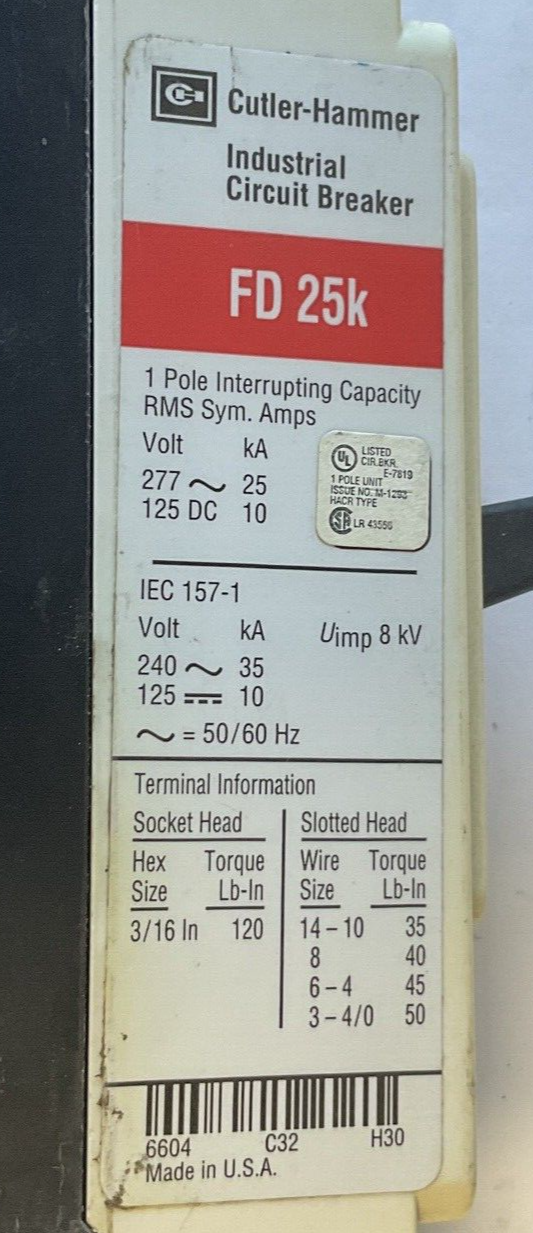 CUTLER HAMMER FD1015 CIRCUIT BREAKER FD 25K 277VAC 50/60HZ 125VDC