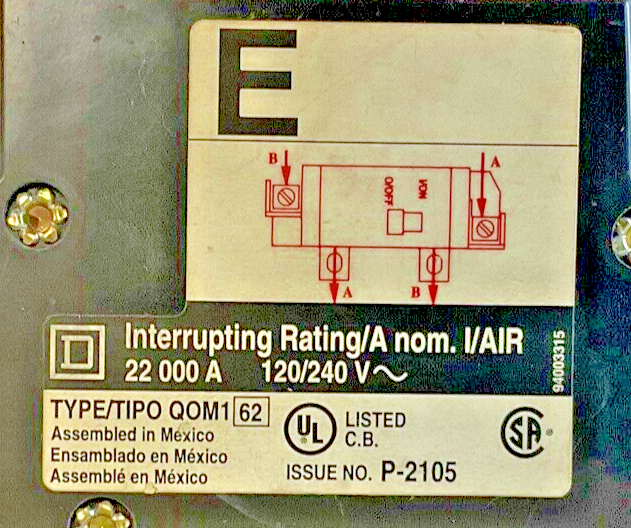 SQUARE D QOM100VH8106 CIRCUIT BREAKER 100A 120/240VAC