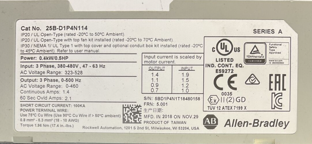ALLEN BRADLEY 25B-D1P4N114 AC DRIVE FRN 5.001 OUTPUT 0-460VAC SER A