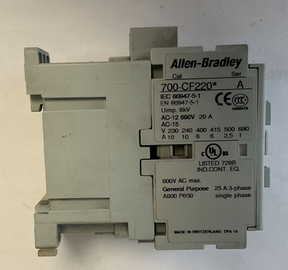 ALLEN BRADLEY 700-CF220* CONTACTOR SER.A 600VAC 25AMPS