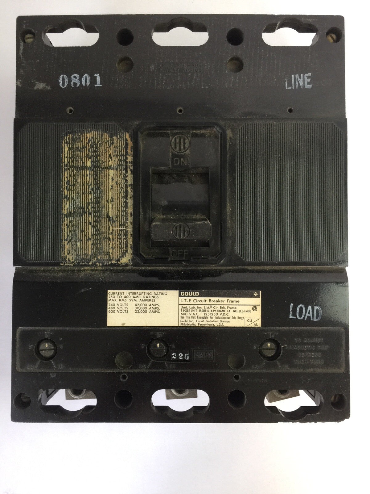 ITE JL3-F400 CIRCUIT BREAKER FRAME 600VAC 125/250VDC 225A TRIP UNIT JL3-B225