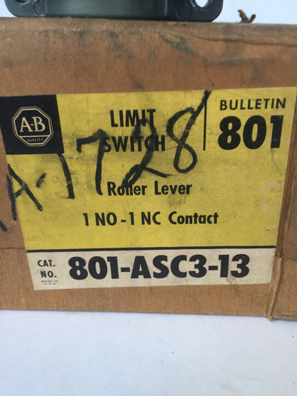 ALLEN BRADLEY 801-ASC3-13 LIMIT SWITCH ROLLER LEVER 600V AC/DC 1NO-1NC CONTACT