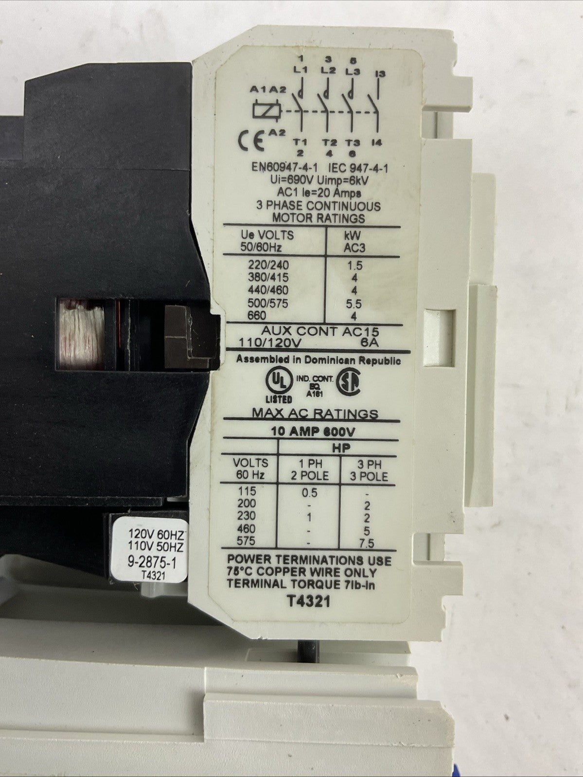 EATON STARTER AE16BNS0 600VAC 10A 3PH 7.5HP 3POLE COIL 120V C306DN3 NO HEATERS