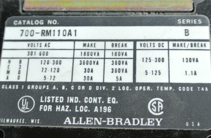 ALLEN-BRADLEY 700-RM110A1 - AC CONTROL RELAY - 120V, 60Hz - NEW SURPLUS