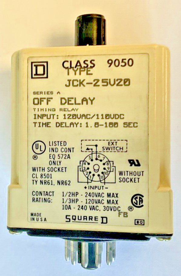 SQUARE D JCK-25V20 OFF RELAY CLASS 9050 120VAC/110VDC 1.5-180 SEC