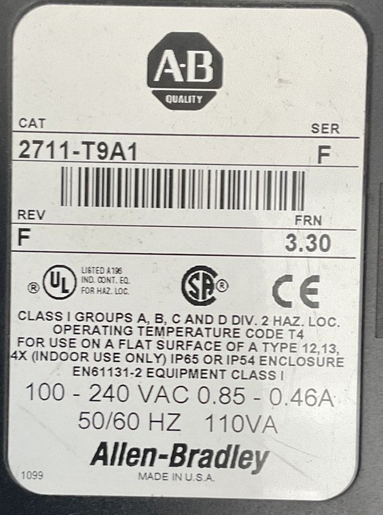ALLEN BRADLEY 2711-T9A1 PANELVIEW 900 SER F REV F FRN 3.30 100-240VAC 0.85-0.46A