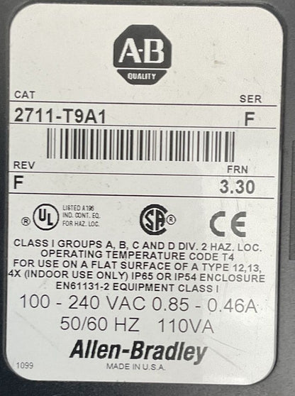 ALLEN BRADLEY 2711-T9A1 PANELVIEW 900 SER F REV F FRN 3.30 100-240VAC 0.85-0.46A