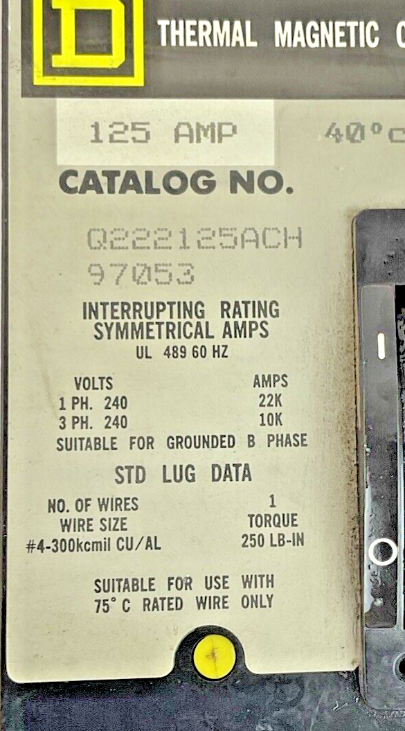 SQUARE D Q222125ACH CIRCUIT BREAKER 125A 22K 240VAC