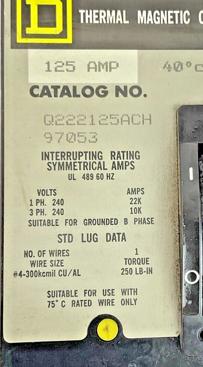SQUARE D Q222125ACH CIRCUIT BREAKER 125A 22K 240VAC