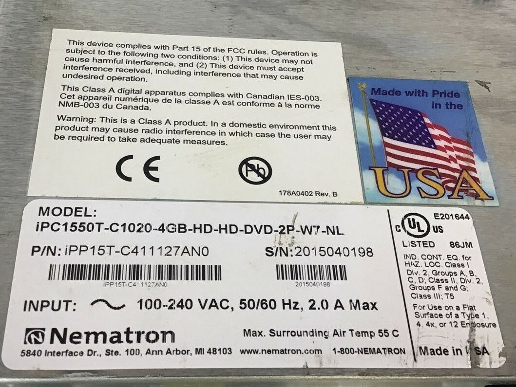 NEMATRON IPC1550T-C1020-4GB-HD-HD-DVD-2P-W7-NL INDUSTRIAL PC 100-240VAC 50/60HZ