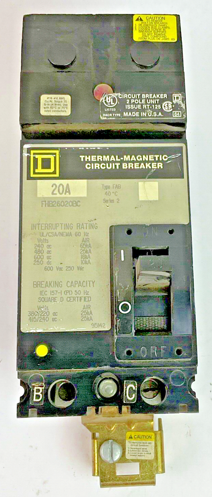 SQUARE D FHB26020BC CIRCUIT BREAKER 20A SER.2 2POLE 600VAC 250VDC 65KA