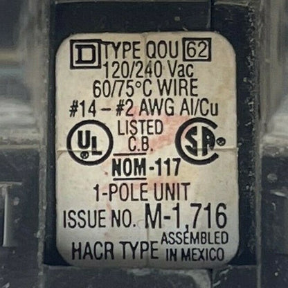 SQUARE D QOU120 CIRCUIT BREAKER 1POLE 20AMP 120/240VAC HACR TYPE YELLOW D