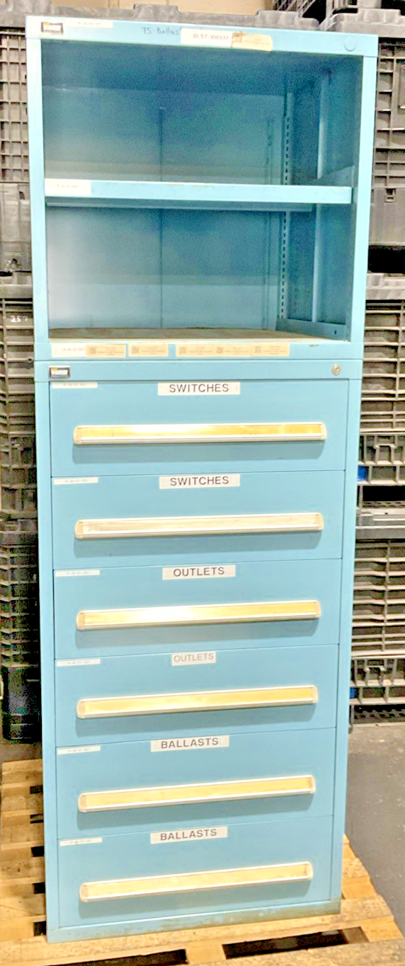STANELY VIDMAR 6 DRAWER CABINET WITH TOP CABINET SHELF DIVIDERS VARY **NO KEY**