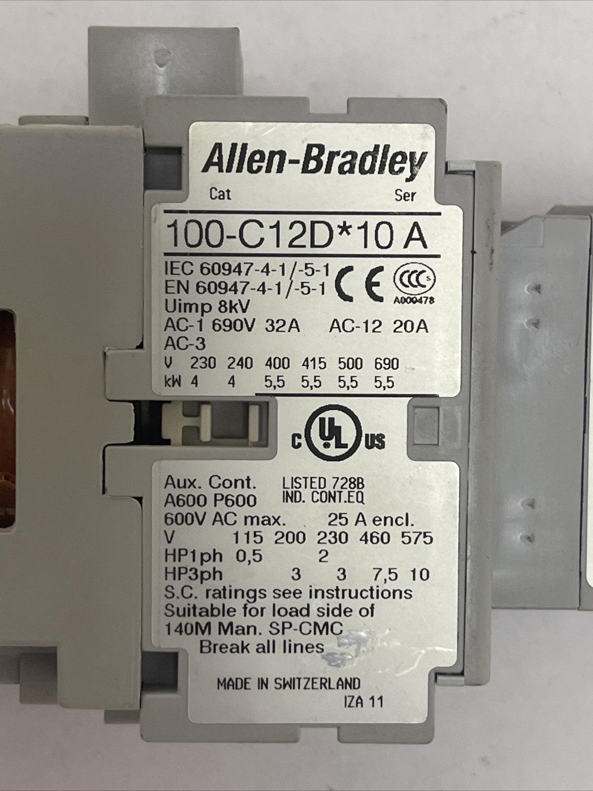 ALLEN BRADLEY 100-C12D*10 CONTACTOR SER A 600VAC 25A 10HP COIL 24VDC 100-F SER B