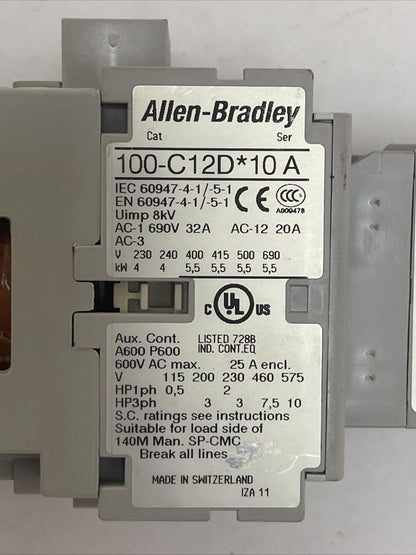 ALLEN BRADLEY 100-C12D*10 CONTACTOR SER A 600VAC 25A 10HP COIL 24VDC 100-F SER B
