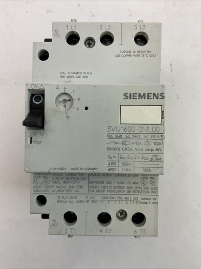 SIEMENS 3VU1600-0ML00 MANUAL MOTOR CONTROLLER 600VAC 40A 3PH 7-1/2HP