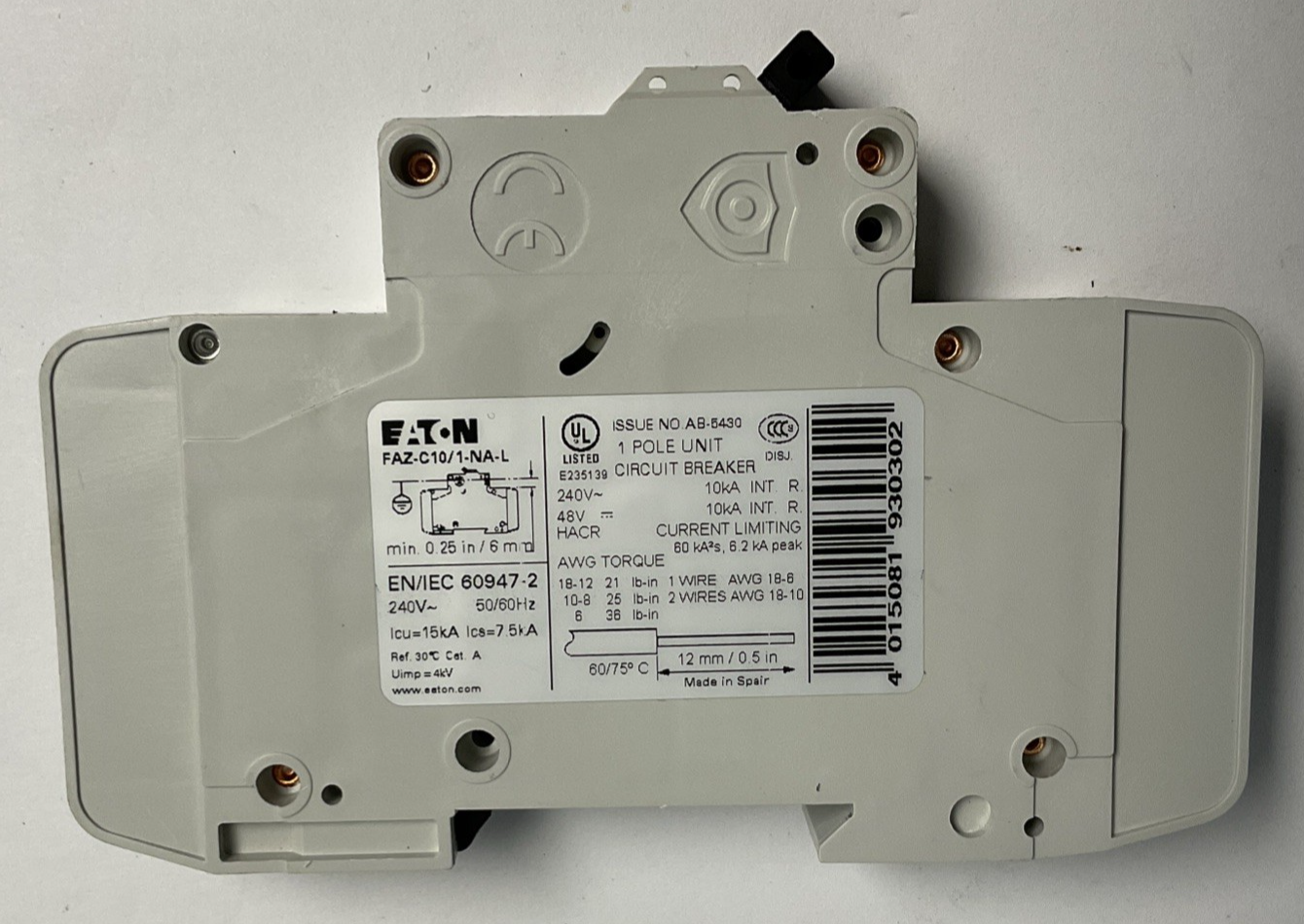 EATON FAZ-C10/1-NA-L CIRCUIT BREAKER 240VAC 10A 50/60HZ ***LOTOF3***