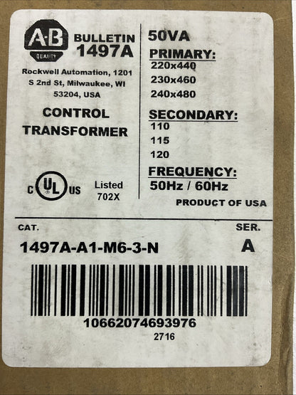 ALLEN BRADLEY 1497A-A1-M6-3-N CONTROL TRANSFORMER PRI 240x480 SEC 120 50VA