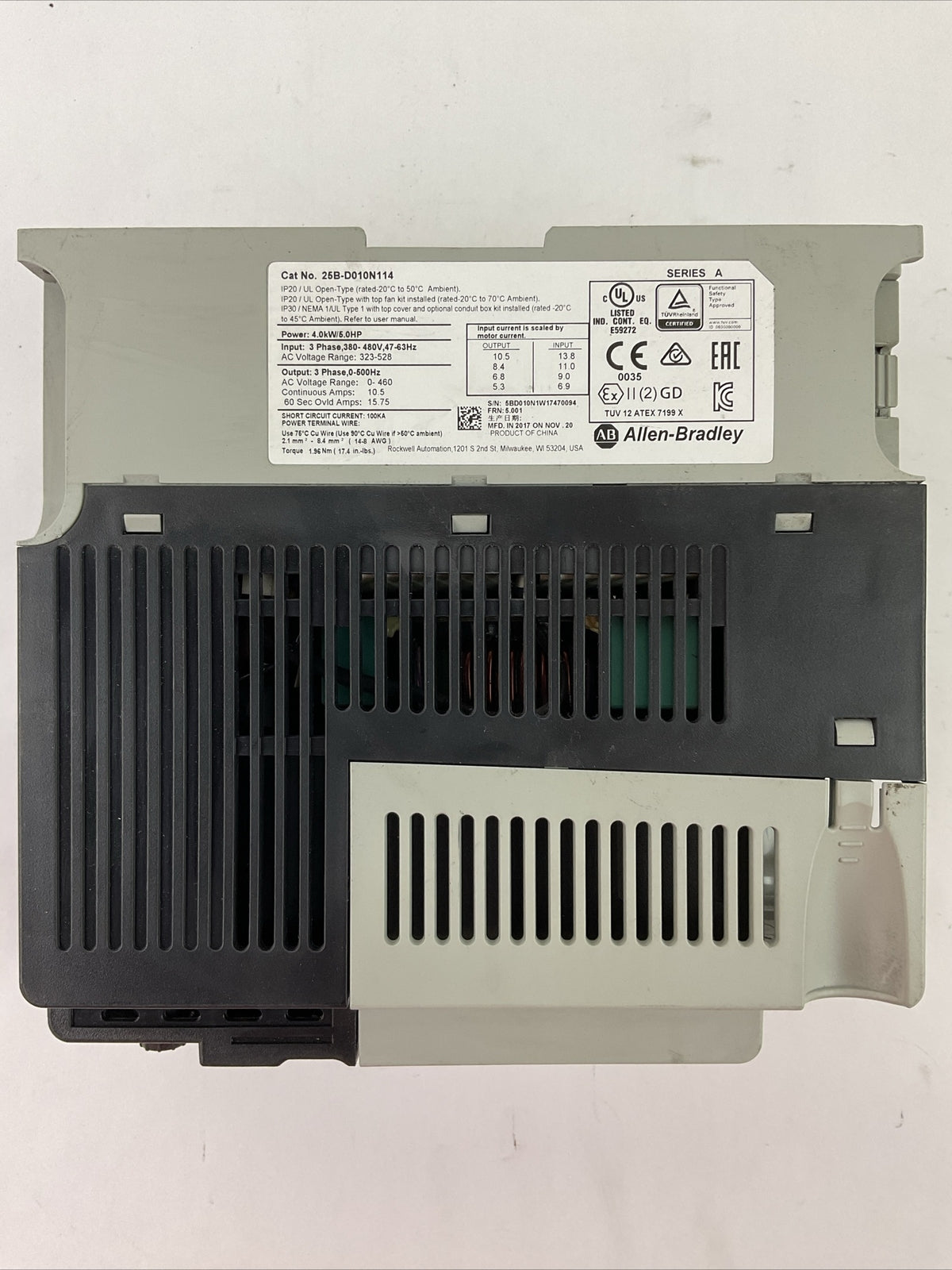 ALLEN BRADLEY 25B-D010N114 AC DRIVE FRN 5.001 SER A OUTPUT 0-460VAC