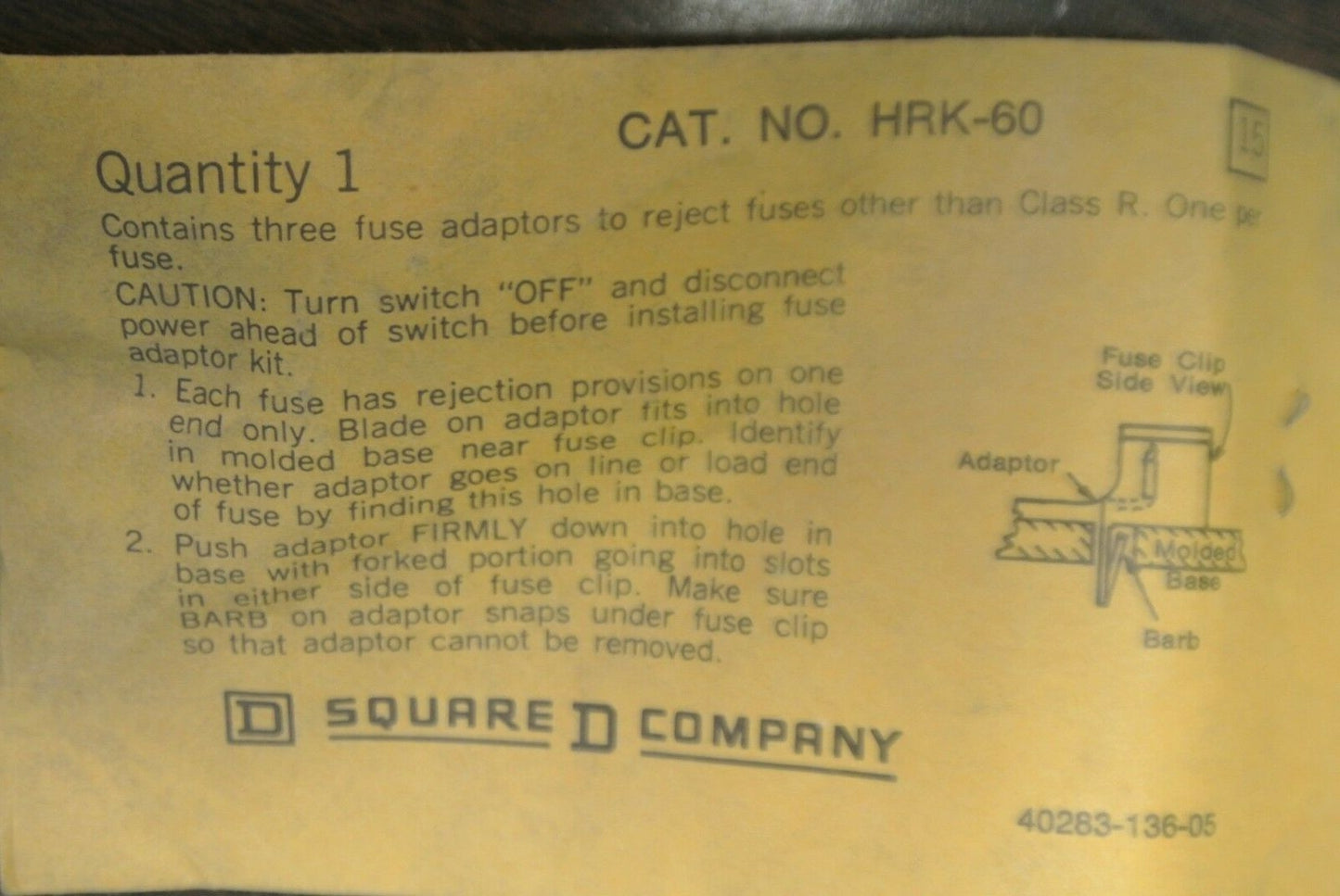 SQUARE D HRK-60 FUSE ADAPTER KIT / CLASS R / NEW SURPLUS