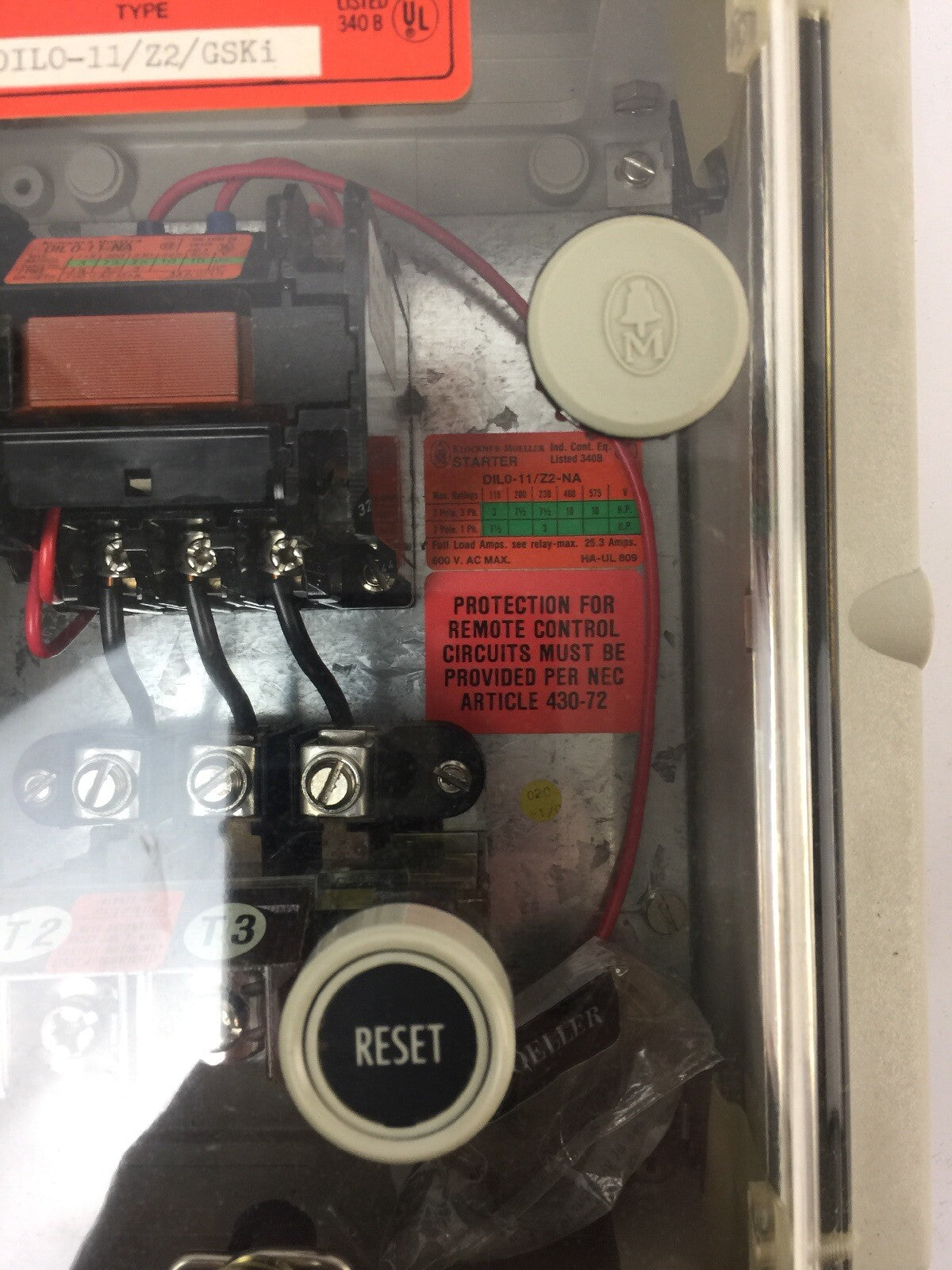 KLOCKNER-MOELLER DIL0-11/Z2/GSKi DIL0-11/Z2-NA INDUSTRIAL CONTROL PANEL ENCLOSUR