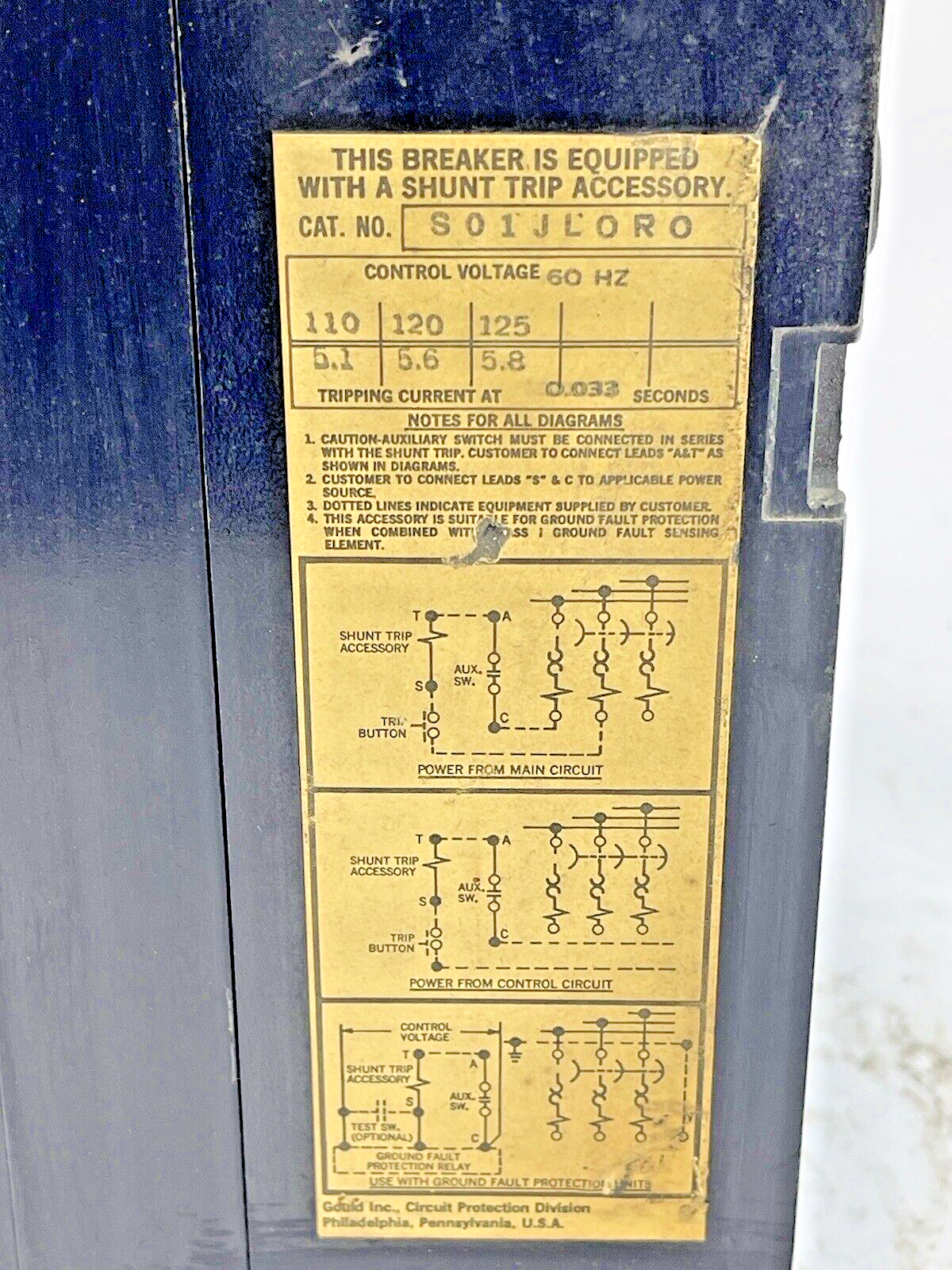 ITE / GOULD - JD3-B400 - CIRCUIT BREAKER -400 A, 240 VAC, 3 P W/ S01JL0R0 SHUNT