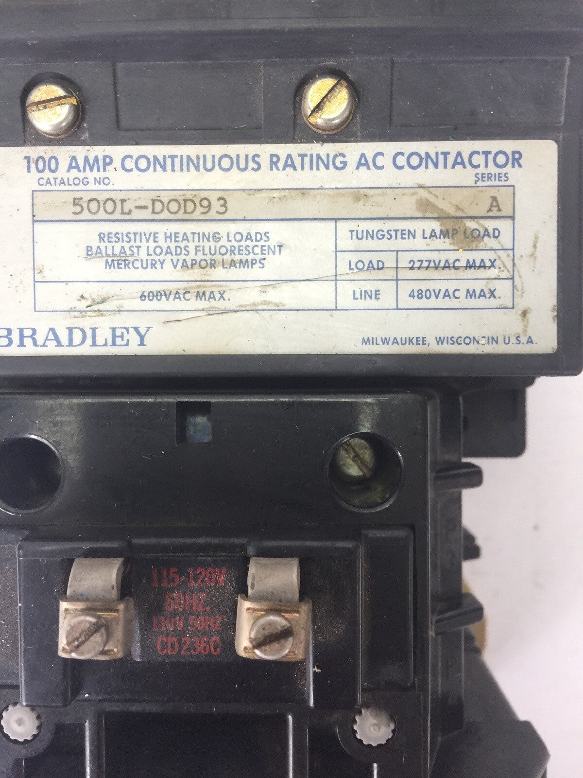 ALLEN BRADLEY 500L-D0D93 100 AMP CONTINUOUS RATING AC CONTACTOR 600VAC SERIES A