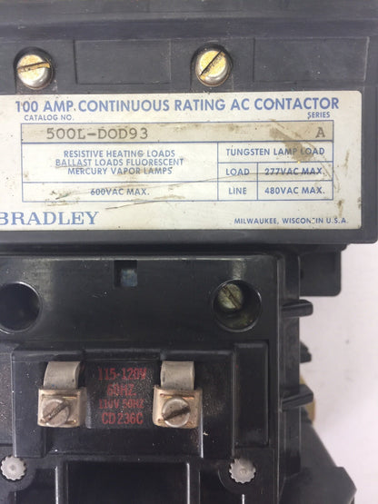 ALLEN BRADLEY 500L-D0D93 100 AMP CONTINUOUS RATING AC CONTACTOR 600VAC SERIES A