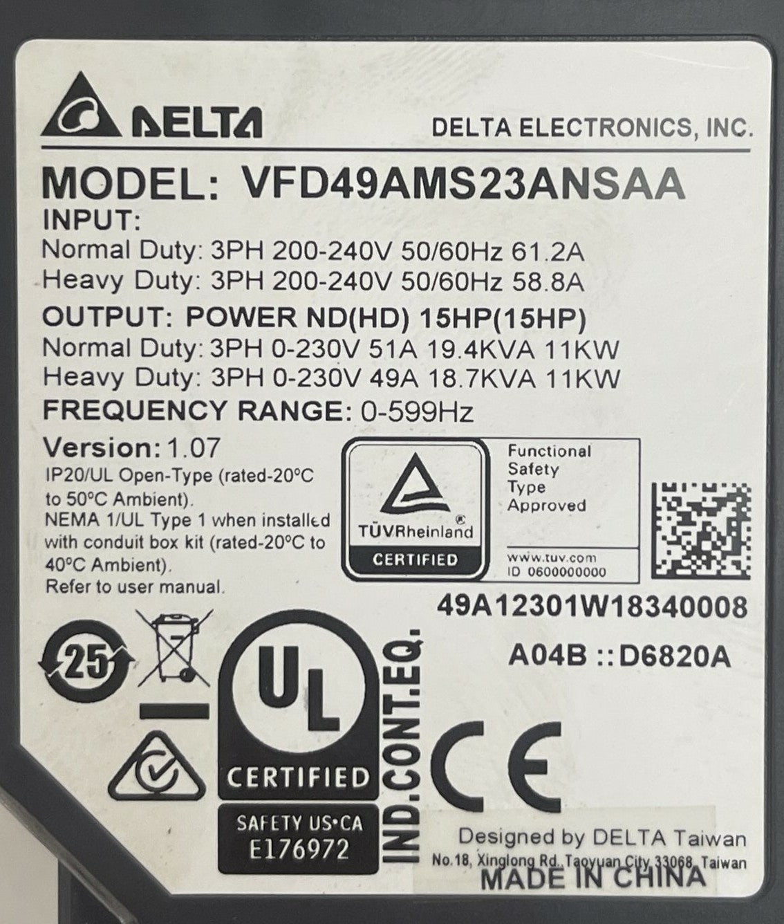 DELTA VFD49AMS23ANSAA DRIVE INPUT 200-240V OUTPUT 0-230V 51A 19.4KVA VER 1.07